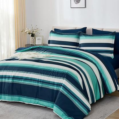 WONGS BEDDING Comforter Set King Size, Teal Striped Bed in a Bag, 7 Pieces Soft Lightweight Micorfiber Bedding Set with Comforter, Flat Sheet, Fitted Sheet, Pillow Shams, Pillowcase