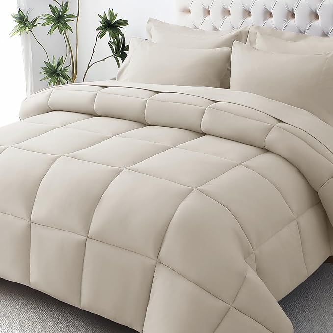 JOLLYVOGUE Twin XL Comforter Set, Ultra-Soft Bed in a Bag Twin XL Size 5 Pieces, Oeko-TEX Certified Bedding Set with Down Alternative Comforter, Sheets, Pillowcases & Shams, Oatmeal