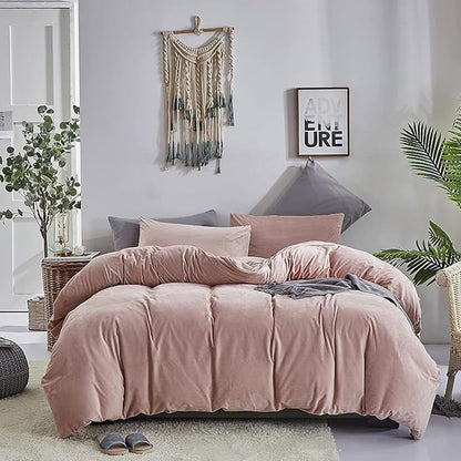 Luxlovery Pink Velvet Comforter Set King Dusty Pink Flannel Plush Bedding Comforter Winter Thick Warm Solid Haze Pink Quilts Blanket Soft Heavyweight Comforter Set for King Bed