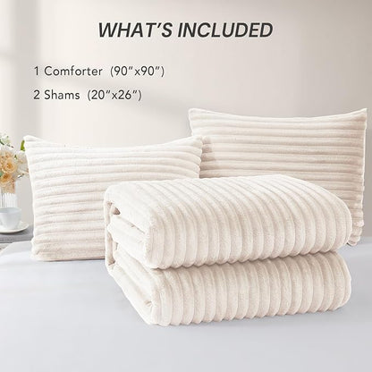 Geniospin Cream White Fleece Queen Comforter Set - 3 Pieces Faux Fur Beige Comforter Queen Size, Soft Warm Fluffy Bedding Set for All Season with 2 Pillow Cases