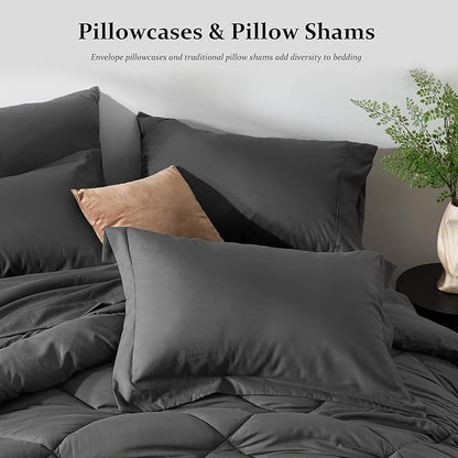 Newspin California King Comforter Set Dark Grey - Bed in a Bag Cal King Size 8 Pieces, All Season Bed Set, Fluffy Comforter Set with Sheets, Sheet Set Quilt Blanket, Pillowcases & Shams & Bed Skirt