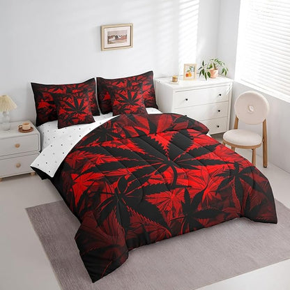 Erosebridal 7 Pcs Leaf Comforter Set Queen Size, Neon Bed in a Bag with Flat Fitted Sheet for Kids and Adults, Leaf Bedding Set with Pillowcases and Cushion Cases