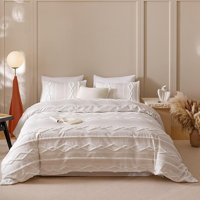 Cottonight White Boho Comforter Set Queen Farmhouse Tufted Bedding Set Soft Bohemain Shabby Chic Blanket Quilts Embroidery Rustic Luxury Soft 3PCS Bed Set for Women Men
