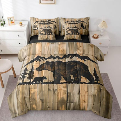 Erosebridal Cabin Bear Bed in A Bag King | Rustic Jungle Hunting 7 Piece Comforter Set Woodl and Animal Farmhouse Sheet Set Grain Countryside Barn Door Fitted Sheet Breathable Lightweight