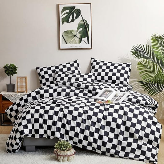 CLOTHKNOW Black White Plaid Full Size Comforter Sets Grid Bedding Comforter Sets Soft Checkered Comforter with 2 x Pillow Cases