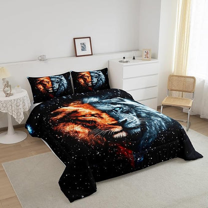 Gothic Lion Comforter King,African Wildlife Exotic Animal Quilt Comforter with 2 Pillowcases,Galaxy Animal Mystery Starry Sky Bedding Set Comfortable,Soft and Breathable