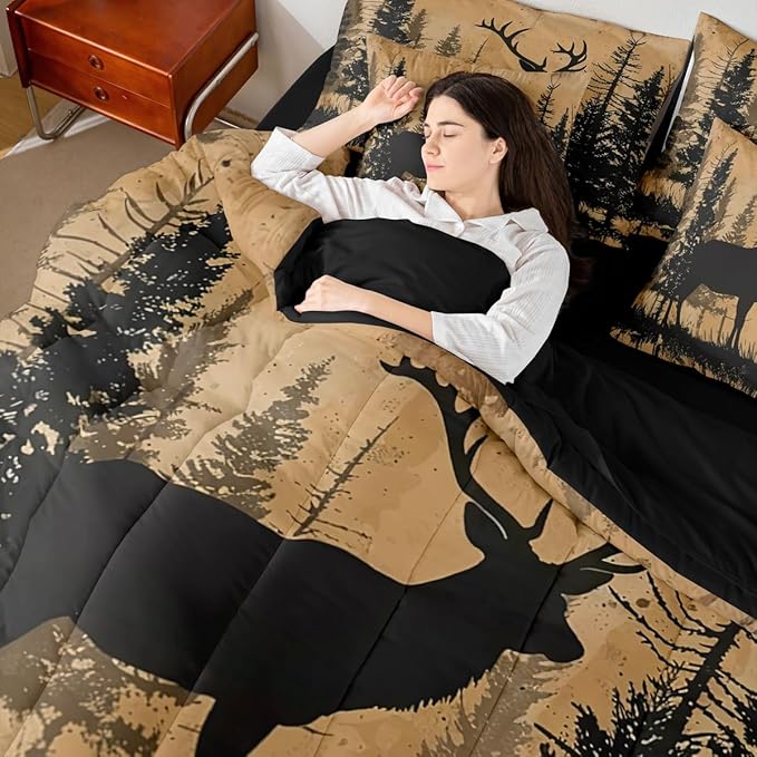 Erosebridal Full Size Deer Hunting Comforter Set with Sheets 7 Pcs | Rustic Cabin Lodge Bedding Set for Kids Boys Girls Cute Deer Silhouette Bed in A Bag Country Woodland Farmhouse Quilt Sets