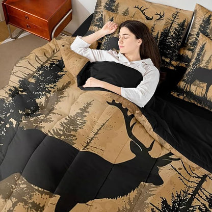 Erosebridal Full Size Deer Hunting Comforter Set with Sheets 7 Pcs | Rustic Cabin Lodge Bedding Set for Kids Boys Girls Cute Deer Silhouette Bed in A Bag Country Woodland Farmhouse Quilt Sets