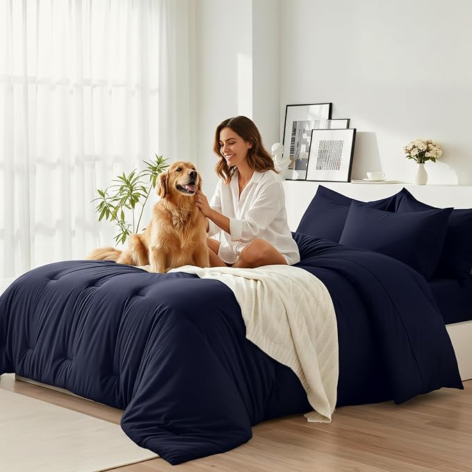 Oversized King Comforter Set 7 Pieces - Ultra-Soft Bed in a Bag, Cozy Luxury All Season Bedding Sets with Comforter, Flat Sheet, Fitted Sheet, 2 Pillow Shams & 2 Pillowcases, Navy Blue