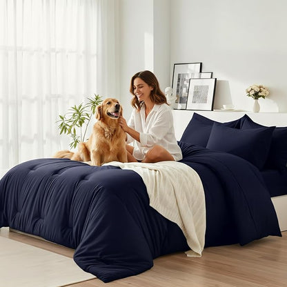 Twin Comforter Set 5 Pieces - Ultra-Soft Bed in a Bag Twin Size, Cozy Luxury All Season Bedding Sets with Comforter, Flat Sheet, Fitted Sheet, 1 Pillow Shams & 1 Pillowcases, Navy Blue