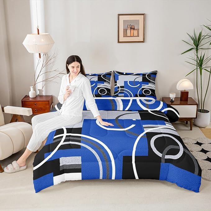 Royal Blue Black Grey Bedding Sets Queen Swirls Spiral Comforter Set Abstract Gromment Stripes Quilt Bedroom Decor Geometric Plaid Bedding Modern Graphic Artwork Quilted Comforter All Season