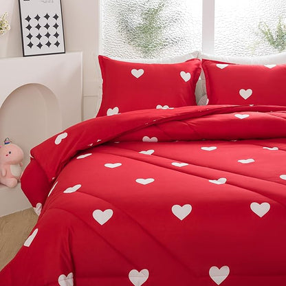 Caressma Love Comforter Set King Size - Cute White Heart Print Red Bedding Comforter 3 Pieces Matching Pillowshams