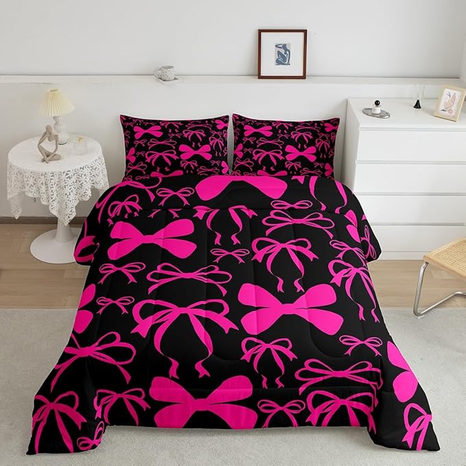 Feelyou Cute Bowknot Bedding Set Boys Girls Toddler Size Bow Comforter Set for Kids Women Men Ultra Soft Pink Girls Bow Duvet Quilt Kawaii Bow Room Decor Lovely Decor