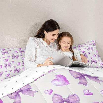 Erosebridal Purple Bow Girls Bedding Set with Sheets King Ribbon Bowknot Comforter Set for Kids Teen Girls Women Bedroom Dreamy Princess Coquette Comforter Trendy Preppy Bows Quilt Duvet
