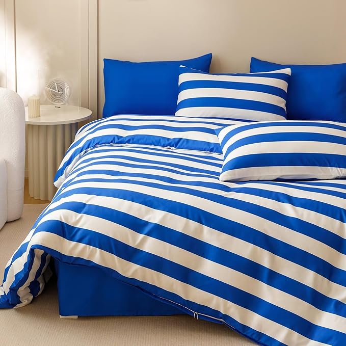 Houseri White and Blue Comforter Set Twin 3 Piece Blue Striped Bedding Twin Size Lightweight Classic Blue Stripes Bed Set Soft Comfy Quilt Blanket Twin