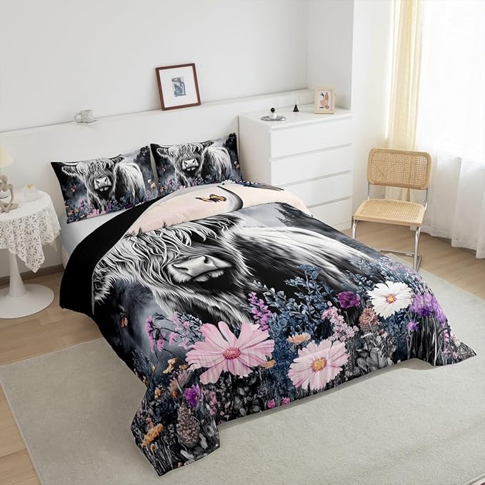Erosebridal Highland Cow Flower Comforter Set Full Size Bull Cattle Bedding Set Western Funny Animal Duvet Stuffing Wildlife Farmhouse Cow Bed Quilt Mountain with Firforest Bedroom Decor