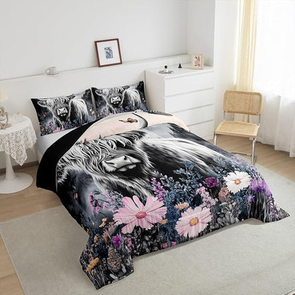 Erosebridal Highland Cow Flower Comforter Set Twin Size Bull Cattle Smoky Mountain Bedding Set Western Funny Animal Down Comforter Wildlife Farmhouse Cow Quilted Duvet Grey Pineforest Bedroom Decor