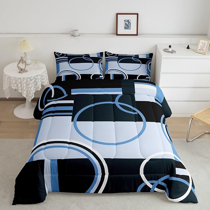 Retro Blue Grey Black Comforter Queen Abstract Stripes Circles Bedding Set for Kids Teens Adult Square Spiral Quilt Geometric Plaid Duvet Insert Graphic Artwork Quilted Comforter All Season