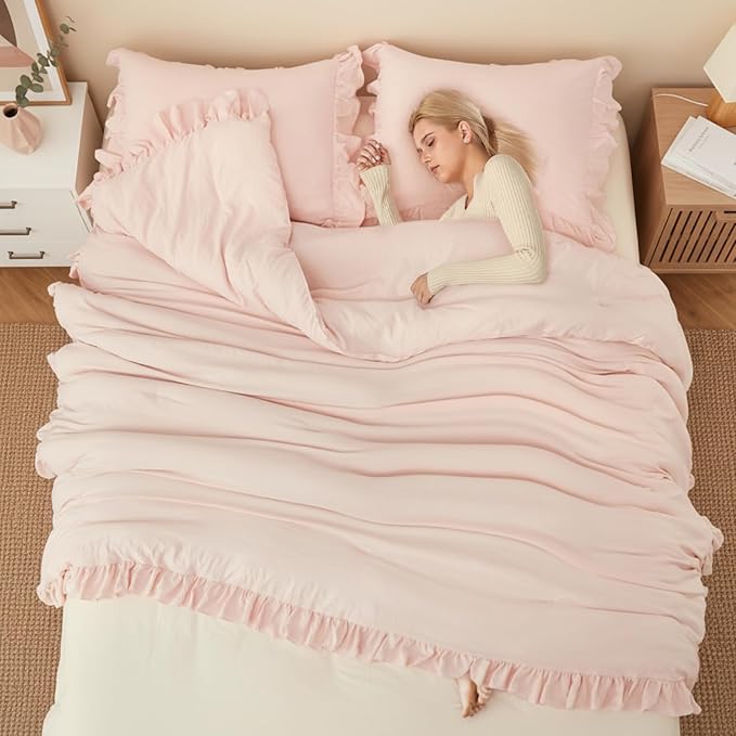 CAROMIO Pink Ruffled Fulll Size Comforter Set, 3PCS Soft Washed Microfiber Lightweight & Fluffy All-Season Bedding Comforter with Vintage French Country Style, Pink, 79x90 in