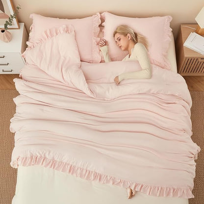CAROMIO Pink Ruffled Fulll Size Comforter Set, 3PCS Soft Washed Microfiber Lightweight & Fluffy All-Season Bedding Comforter with Vintage French Country Style, Pink, 79x90 in