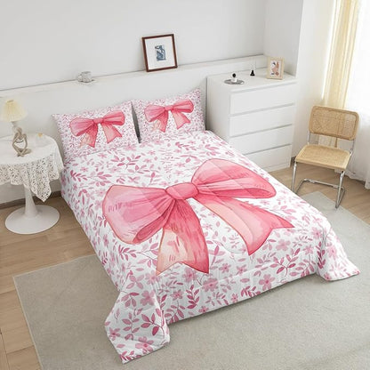 Erosebridal Cute Princess Girls Bedding Comforter Sets Kawaii Bowknot Bedding Set King for Kids Teen Women,Fantasy Pink White Flower Plant Comforter Set Watercolor Bow Duvet Insert 3 Pcs