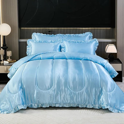 Satin King Comforter Silk Like Baby Blue Bedding 4 Pcs Hotel Soft Polyester Bed Set Luxury Silky Body Pillow Cover Ruffle Home Decor