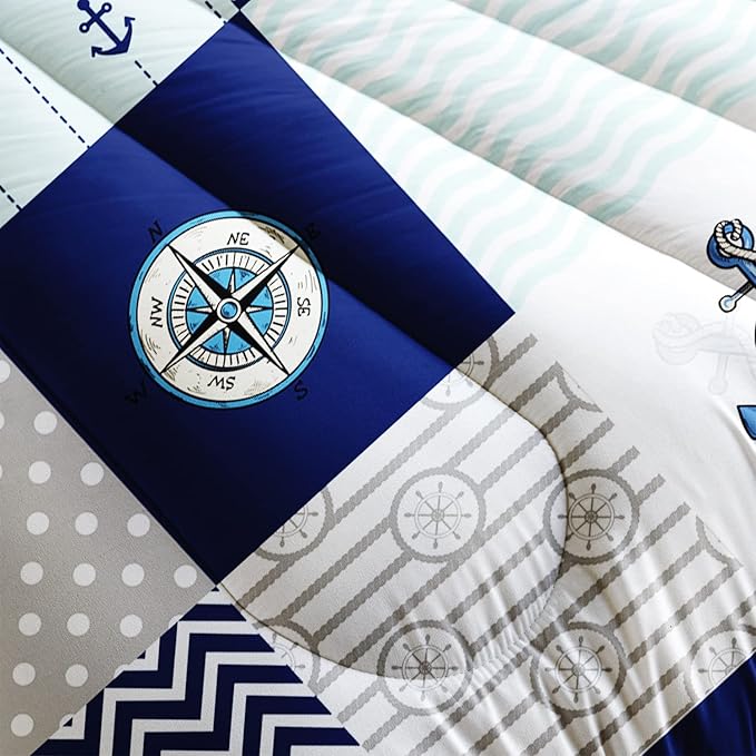 HOSIMA Nautical Comforter Set Twin,Plaid Patchwork Ocean Themed Bedding Sailboat and Anchor Print Kids Bedding Set for Boys Adult Kids Girls,Navy Blue Comforter Twin Size with 2 Pillow Shams.