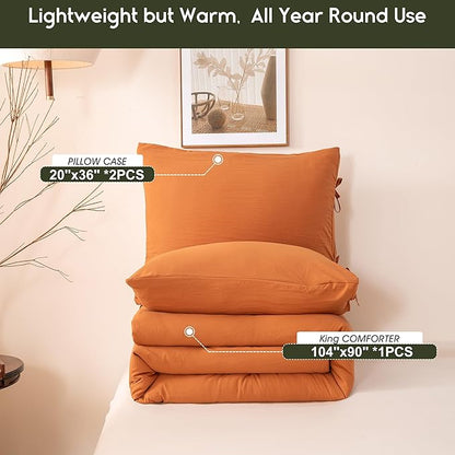 Ultra-Soft Burnt Orange King Size Comforter Set, 3 Pieces Solid Terracotta Rust Fluffy Cozy Comfy Polycotton Quilted Bedding Down Blanket Comforter for All Season (1 Conforter 2 Pillowcase)