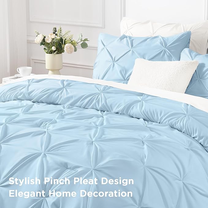 Andency Light Blue Queen Comforter Set, 3 Piece All Season Decorative Pintuck Bedding Comforter & Sets, Light Blue Soft Microfiber Lightweight Washable Bed Set for Queen Size Bed