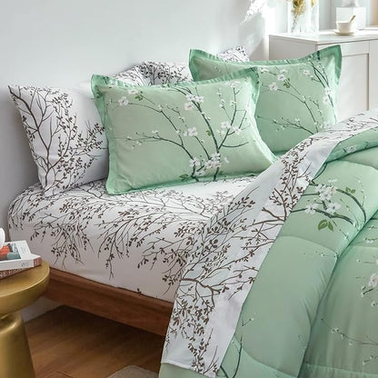 Green Comforter Sheet Set Bed in a Bag 7 Pieces Queen Size Tree Branch Bloom Flower Microfiber Reversible Bedding Set (1 Comforter 2 Pillow Shams 1 Flat Sheet 1 White Fitted Sheet 2 Pillowcases)