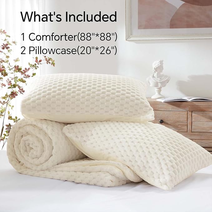 BEDELITE Fluffy Queen Comforter Set - Beige Fleece Soft Comforter for Queen Size Bed, Luxury Warm Bedding Set for Winter, Fuzzy Bed Set 3 Pieces (1 Comforter, 2 Pillowcases)