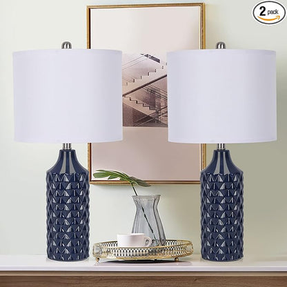 Modern Ceramic Table Lamp, Set of 2 - Navy Blue with Diamond Protrusions Texture, 25'' Nightstand Lamp for Bedroom Living Room, 3-Way Dimmable Included