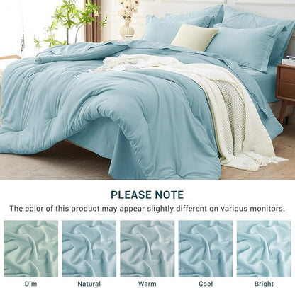 MUXHOMO 5 Pieces Twin Comforter Set, Soft Bed in a Bag Twin Size, All Season Bedding Set with Comforter, Flat Sheet, Fitted Sheet, Pillowcases & Shams, Lake Blue