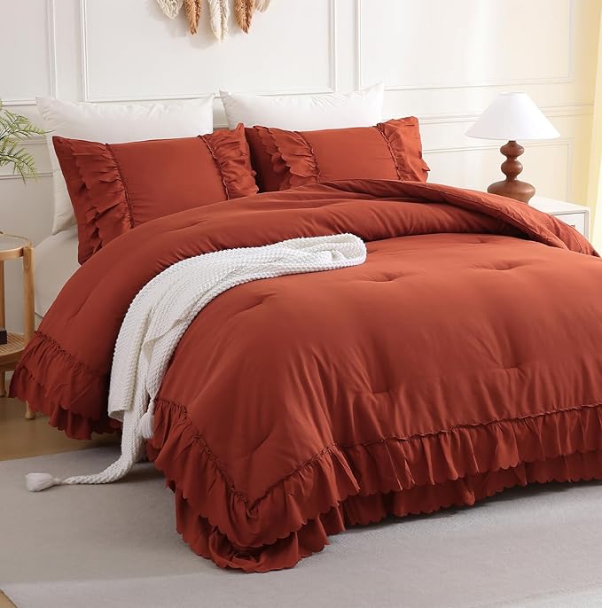 Herside Brick Red Ruffle Comforter Set King Size,Shabby Chic Boho Bedding Sets, Soft Fluffy Comforters Sets for All Season,Vintage Ruffled 3 Pcs Microfiber Lightweight Quilt Set for Women Girls