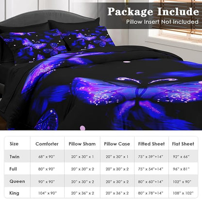 Comforter Set King Size, Purple Blue Galaxy 7 Pcs Bedding for Kids and Adults, Butterfly Flower Summer Bed Sheet Sets with Fitted Sheet 2 Pillowcases & 2 Shams for Bedroom Bed Decor