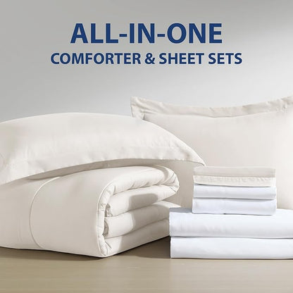 Cathay Home Basic Bedding Home Essential Ultra Soft Lightweight 8PC Wrinkle Resistant Microfiber Bed in a Bag Set (Includes Complete Sheet Set, Comforter Set & Bedskirt) - Full, Coconut Milk