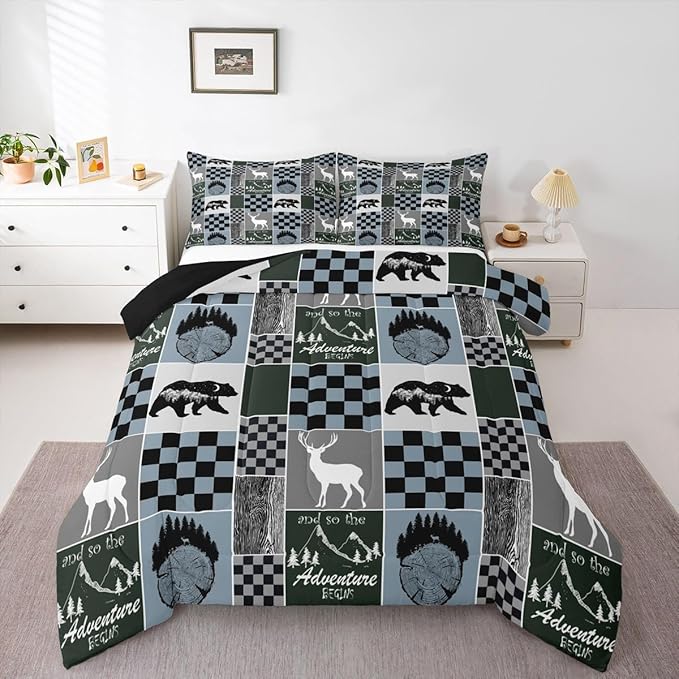 Kids Rustic Deer Comforter Set, Retro Cabin Hunting Bear Bedding King Size Lodge Buffalo Plaid Quilt Adventure Western Wildlife Bedding Comforter Sets Bear Gifts For Bear Lovers, Blue Gray Black