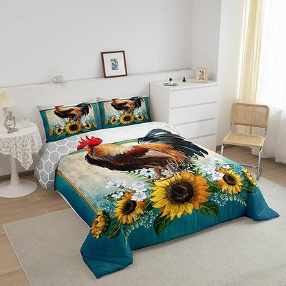 Erosebridal Chicken Comforter Set King Size Sunflower Bedding Grey Honeycomb Blue Yellow Rooster Down Farmhouse Wild Animal Leaves Room Decor Comforters & Sets for Adult Kids Boys, Multi 121