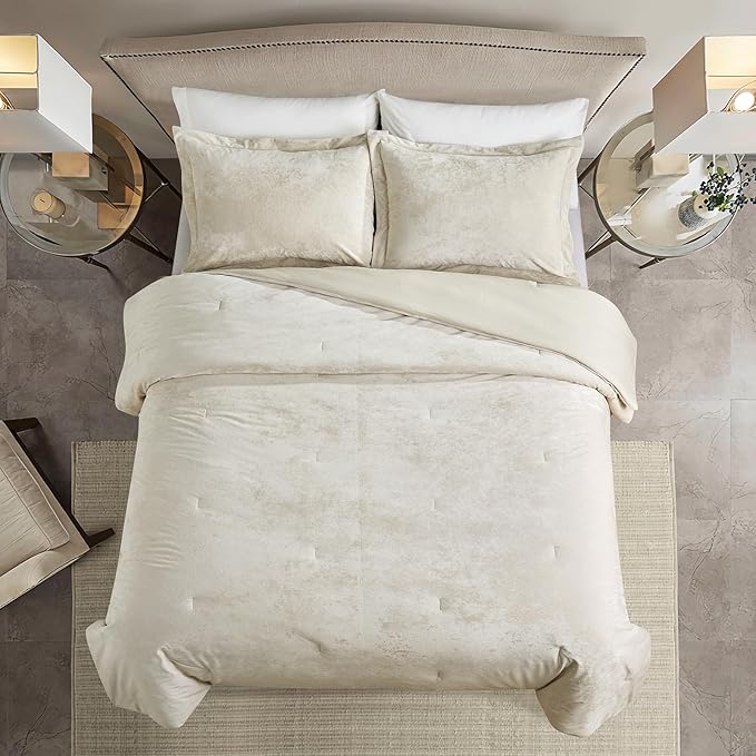 Luxury Velvet Queen Comforter Set, 3 Pieces Reversible Comforters Queen Size with 2 Pillow Shams, Brushed Solid Microfiber Back, All Season Cozy, Soft, Warm, Lightweight (Beige, 90x90 Inch)