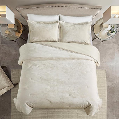 Luxury Velvet King Comforter Set, 3 Pieces Reversible Comforters King Size with 2 Pillow Shams, Brushed Solid Microfiber Back, All Season Cozy, Soft, Warm, Lightweight (Beige, 104x90 Inch)