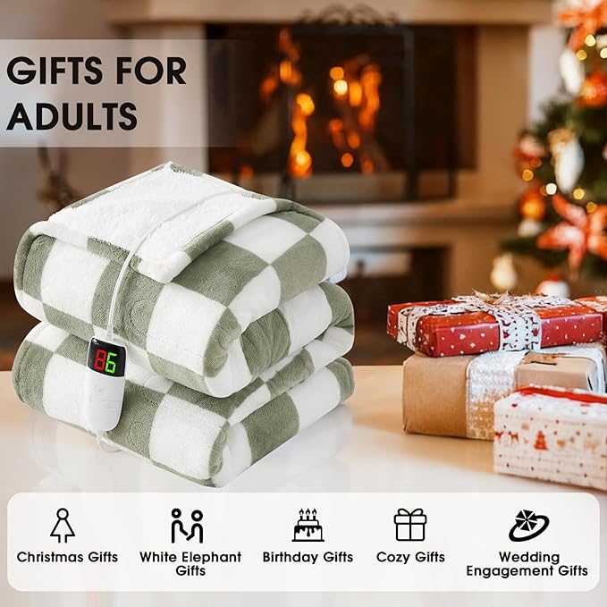 Sage Green Heated Blanket Electric Twin Size, 62X84 Heating Blanket with 10 Heat Levels & 8 Hours Auto Off, Checkered Plaid Soft Fleece Sherpa Blankets Warmer Gifts for Couch Grandma Women Adults