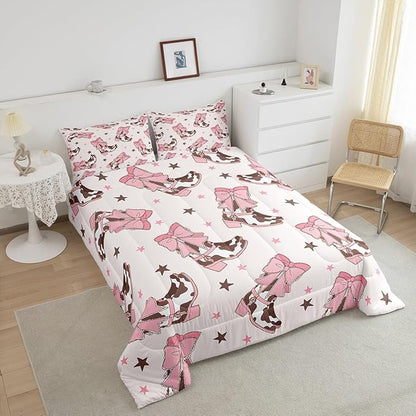 Feelyou Pink Western Bedding Set Cowgirl Cowboy Boots Comforter Set for Kids Boys Girls Teens Room Decor Cute Bowknot Dreamy Princess Style Comforter King Size Stars Print Duvet Set 3Pcs