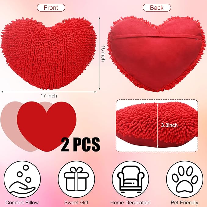 Barydat 2 Set 17 Inch Red Heart Shaped Pillows Valentines Heart Throw Pillows Decorations for Valentine Gift Living Room Sofa Office Sofa Cars Chairs (Red,Pink)