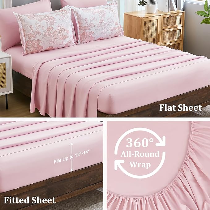 DJY Queen Size Comforter Sets, Pink Botanical Comforters with Sheets 7 Pieces Bed in a Bag Queen Elegant Plants Print Christmas Soft Microfiber Reversible Complete Bedding Sets for All Season