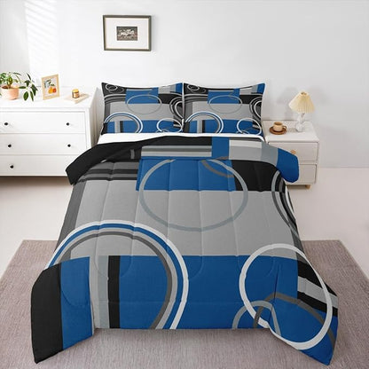 Erosebridal Abstract Circles Comforter Set Full Modern Blue Black Grey Bedding Checkered Swirls Quilt Set Geometric Striped Duvet Insert Curved Lines Bed Set Modern Creative Quilted Comforter