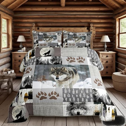 Manfei Wolf Kids Comforter Set Twin Size,Wolf Paws Print Pine Trees Wild Adventure Bedding Set,Boys Girls Adults Room Decor,Geometric Plaids Patchwork Down Comforter,Rustic Duvet Insert,1 Pillowcase