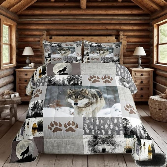 Wolf Kids Comforter Set Queen Size,Wolf Paws Print Pine Trees Wild Adventure Bedding Set,Boys Girls Adults Room Decor,Geometric Plaids Patchwork Down Comforter,Rustic Duvet Insert,2 Pillowcases