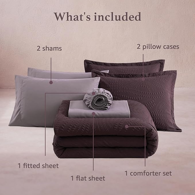 Geniospin Twin Comforter Set - 5 Pieces Purple Bedding Set, Botanical Textured Comforter Set, All Season Comfortable Bed in a Bag with Comforter, Sheets, Pillowcase & Sham
