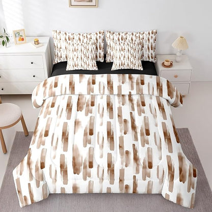 Erosebridal 7Pcs Brown and White Geometric Twin Comforter Set for Kid Teens Adults,Modern Abstract Striped Bedding,Boho Graffiti Watercolor Boho Bed in A Bag for Men,Contemporary Aesthetic Art Quilt