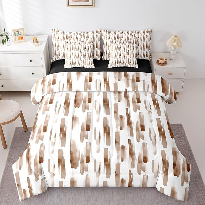 Erosebridal 7Pcs Brown and White Geometric Queen Comforter Set for Kid Teens Adults,Modern Abstract Striped Bedding,Boho Graffiti Watercolor Boho Bed in A Bag for Men,Contemporary Aesthetic Art Quilt